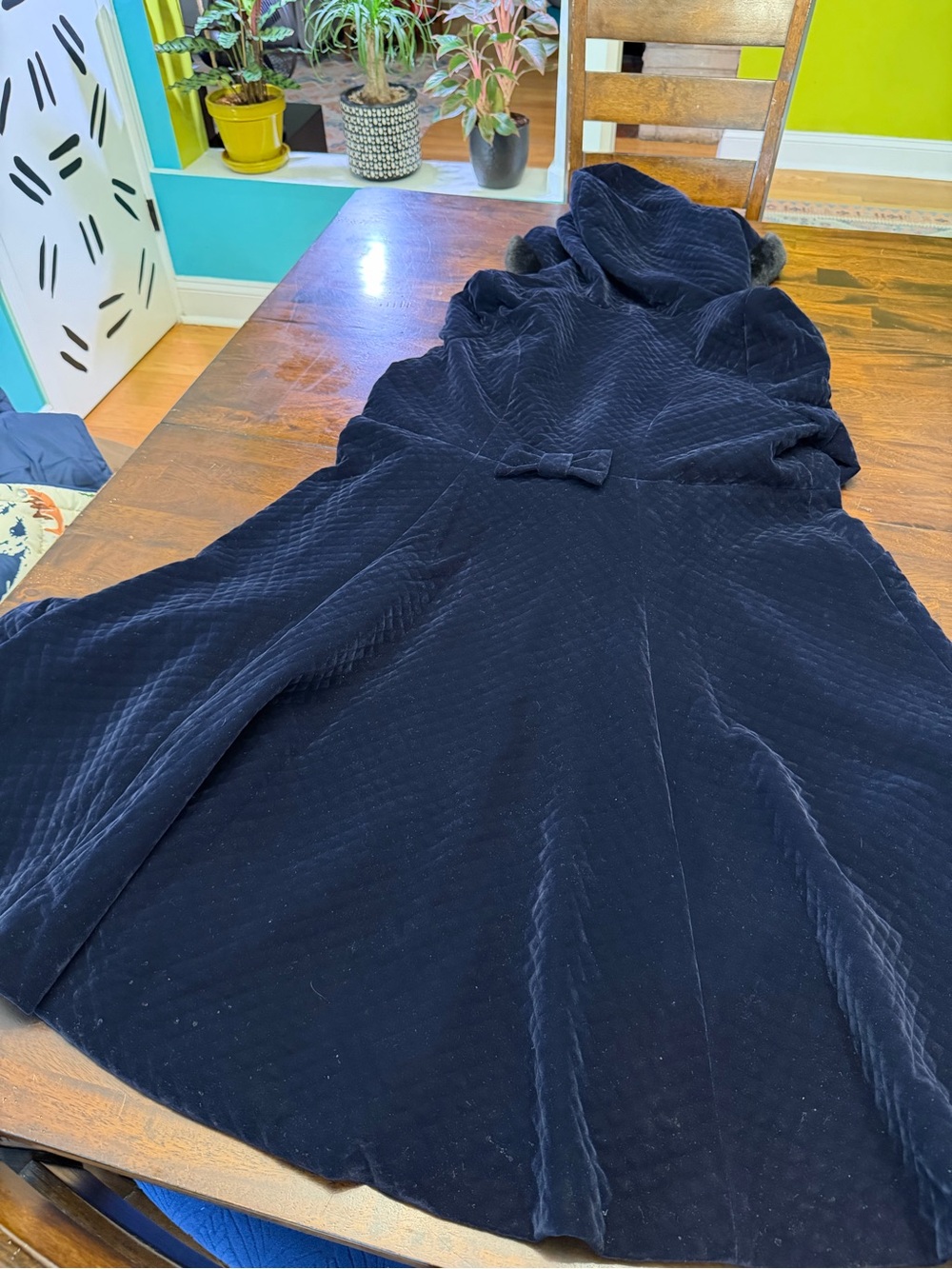 ModCloth x Collectif Charming Ways Navy Quilted Velvet Coat UK 20 Faux Fur & Bow - Picture 10 of 10